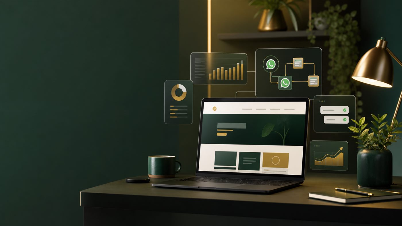 AI generated digital business workspace with website, analytics, and WhatsApp lead-flow panels